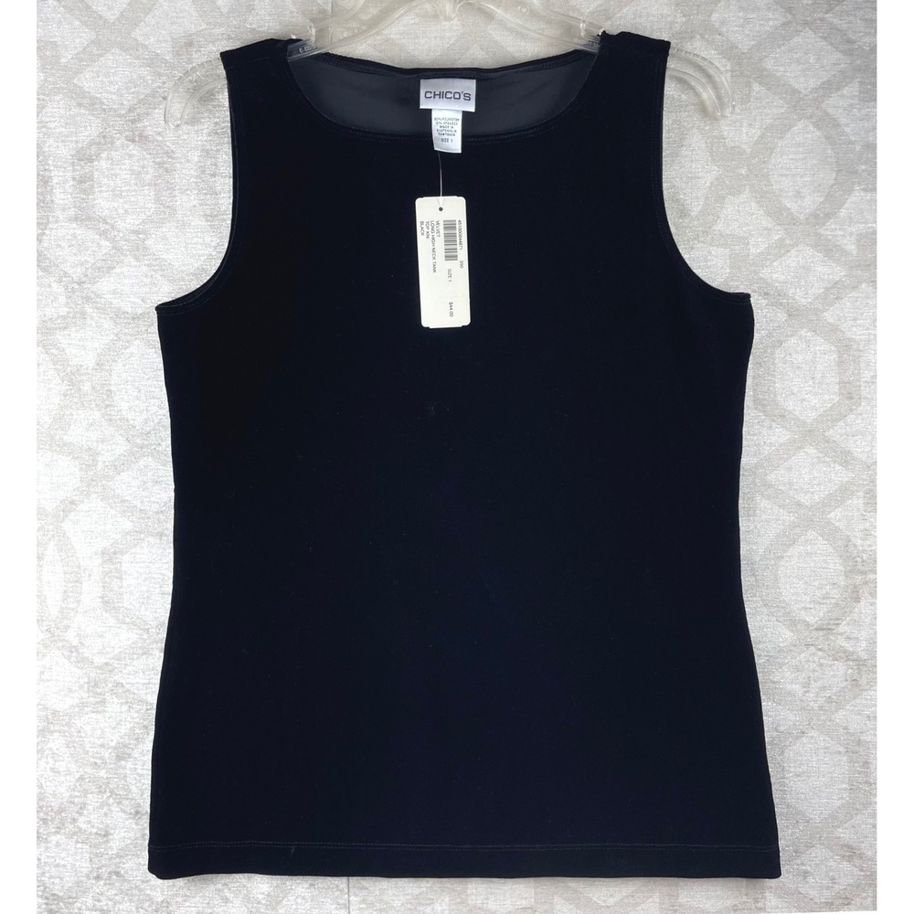 Chico's Velvet Tank Top Women Size 1 Medium Black NWT Long High Neck Stretch